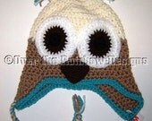 TEAL and Lt. BROWN Crochet OWL Earflap Hat Toddler  Size