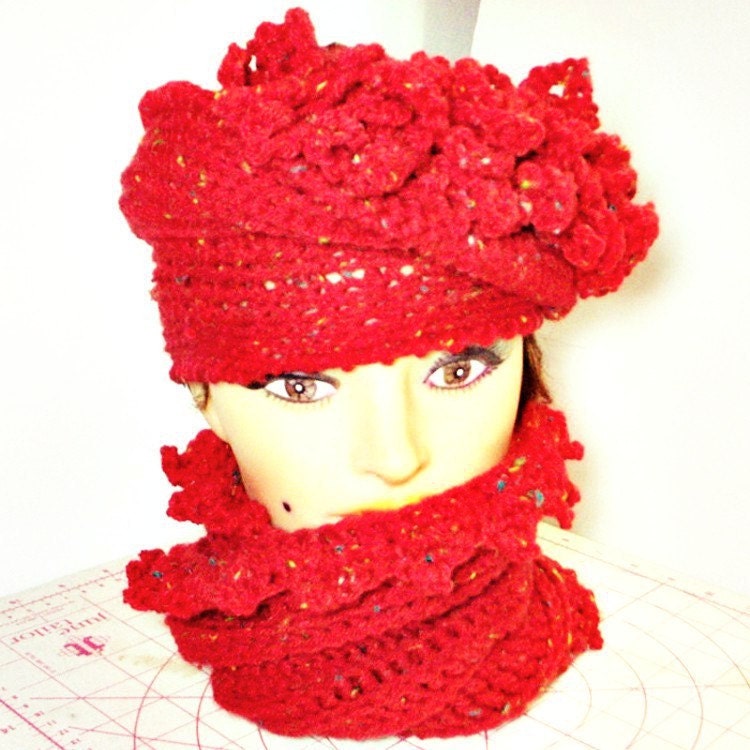 Womens Crochet Hat - Red Tweed Crochet Church Hat with Fringes and Scarf with Picots - Red Fashion - Winter Accessories