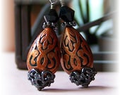Autumn Orange Etched Vintage Style Teardrop Earrings Lucite Gunmetal Trendy Stylish Fashionable