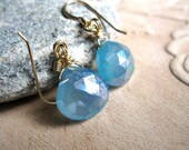 Mystic Blue Chalcedony, Gold Earrings
