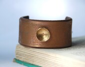 Modern Bracelet Copper Etched With Brass Sphere On Leather