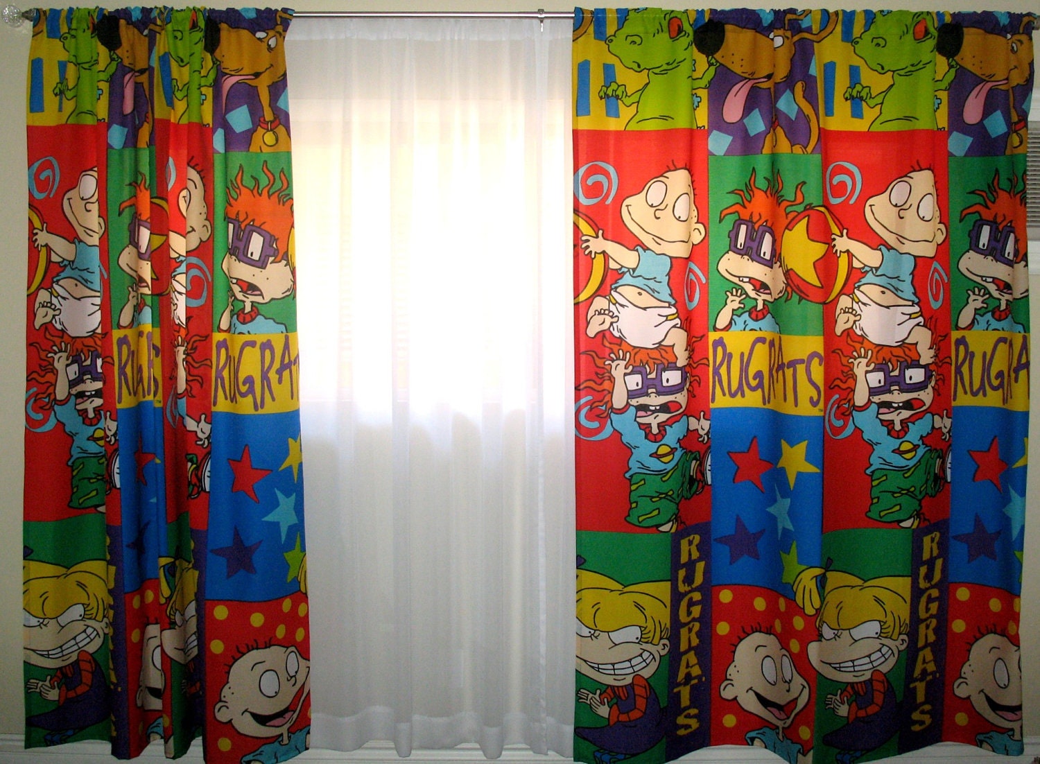 Free US shipping Designer SET of Funny Kid's Two 68x86 "Rugrats" Rod Top Drapery Colorful Panels and Two 56x86 Sheer White Rod Top Panels