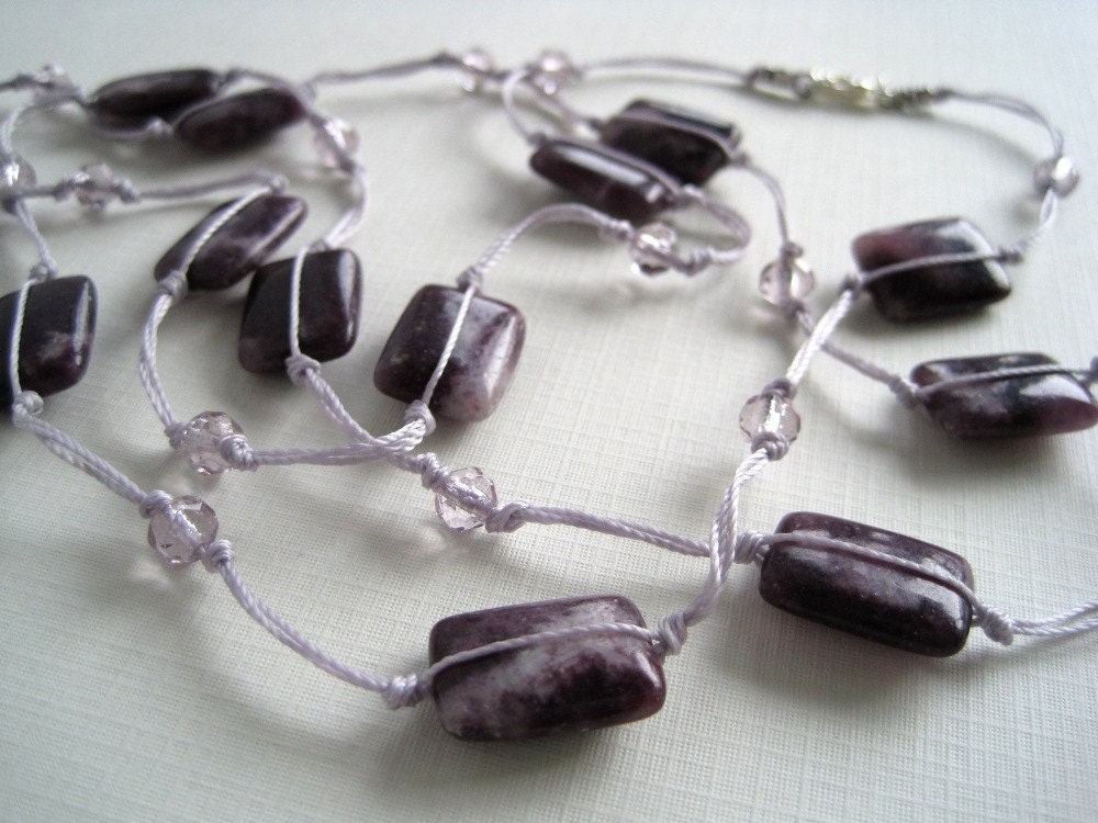 Purple Lepidolite Necklace Handknotted Lilac Long Crystal