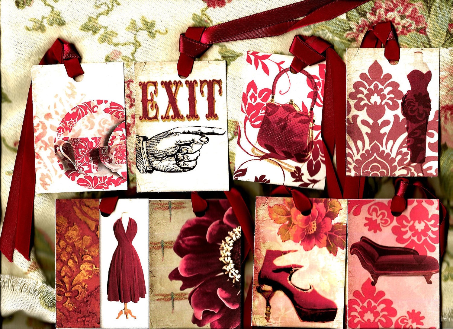 Theme  Color   Red  Gift  Tags   With  Various  Design    Vintage  Background  Burgundy  Lace