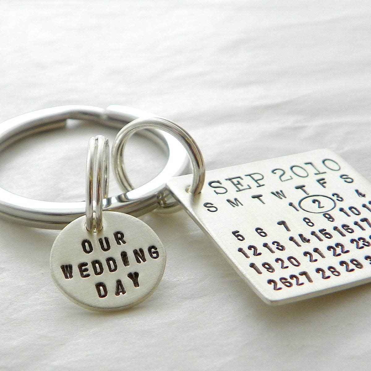 Our Wedding Day Keychain - Mark Your Calendar Keychain hand stamped and personalized sterling silver key chain with charm
