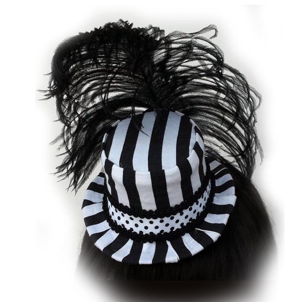 Steampunk Under the Big Top Stripped Victorian Riding Hat with Ostrich feathers and Polka Dot Trim Mini Top Hat