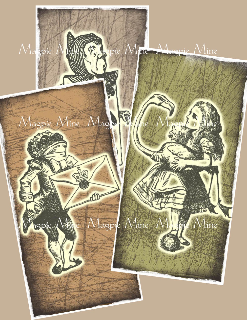 Printable Alice in Wonderland Digital Collage Sheet - Grungy Gold Tan Green