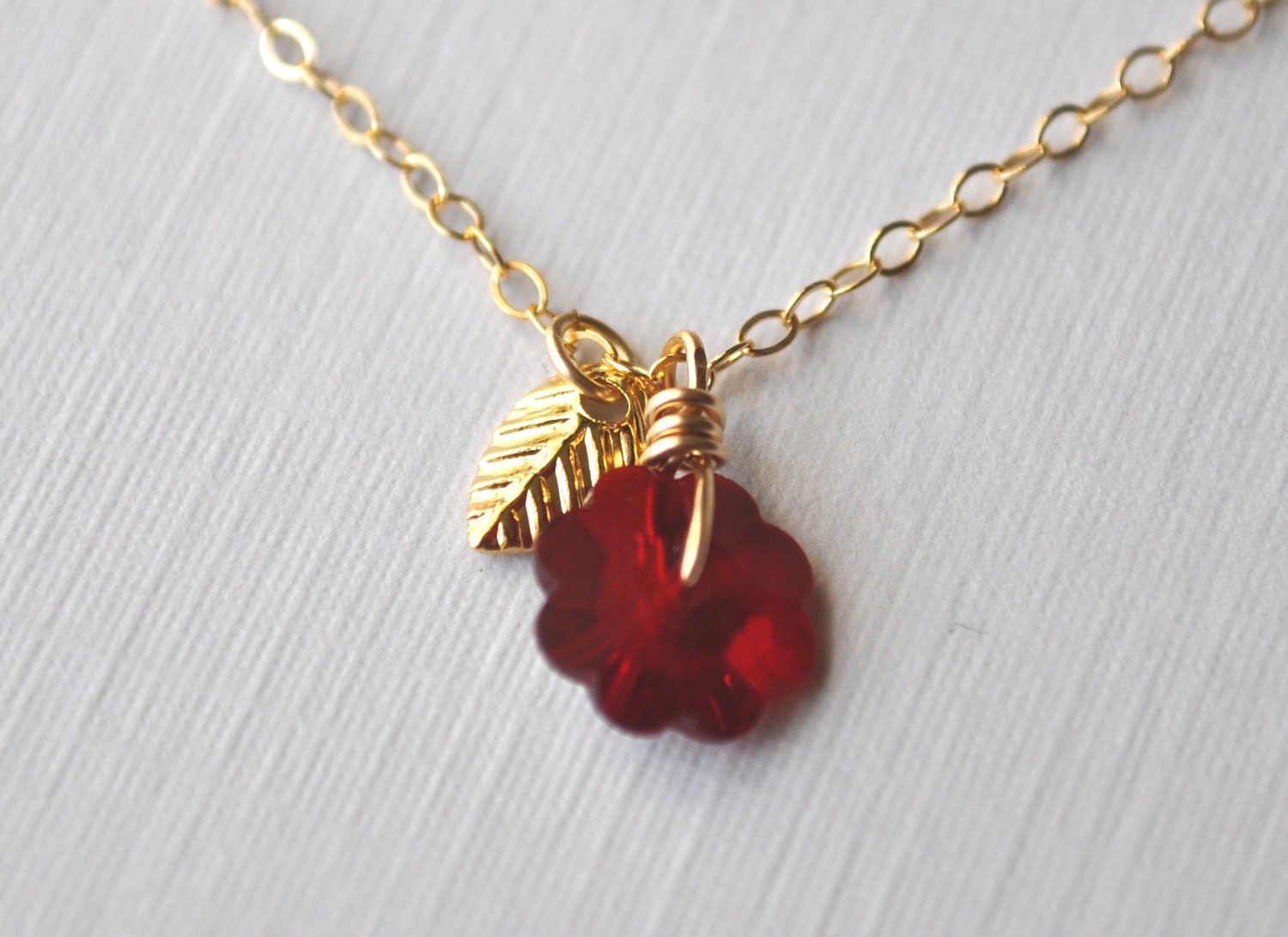 Daisy Necklace - small garnet crystal flower charm gold filled - simple bridal or everyday jewelry - adencreations