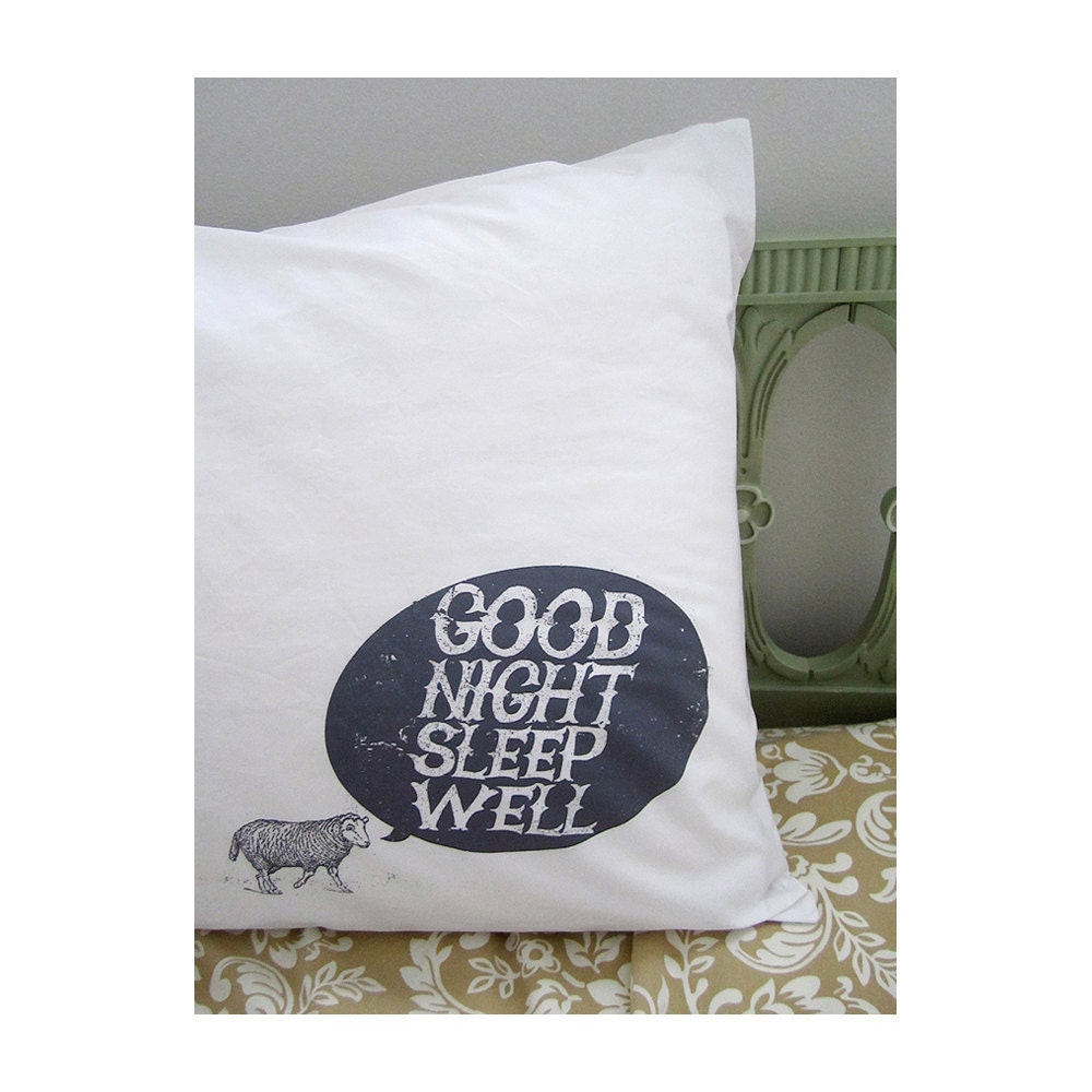 Good Night, Sheep pillowcase. white cotton. gray screenprint.