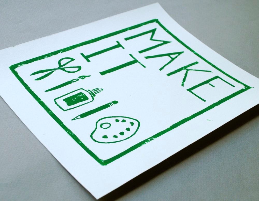 Linocut Print -- " Make It"  Craft Poster-- 8 x 10 inches - Green and White