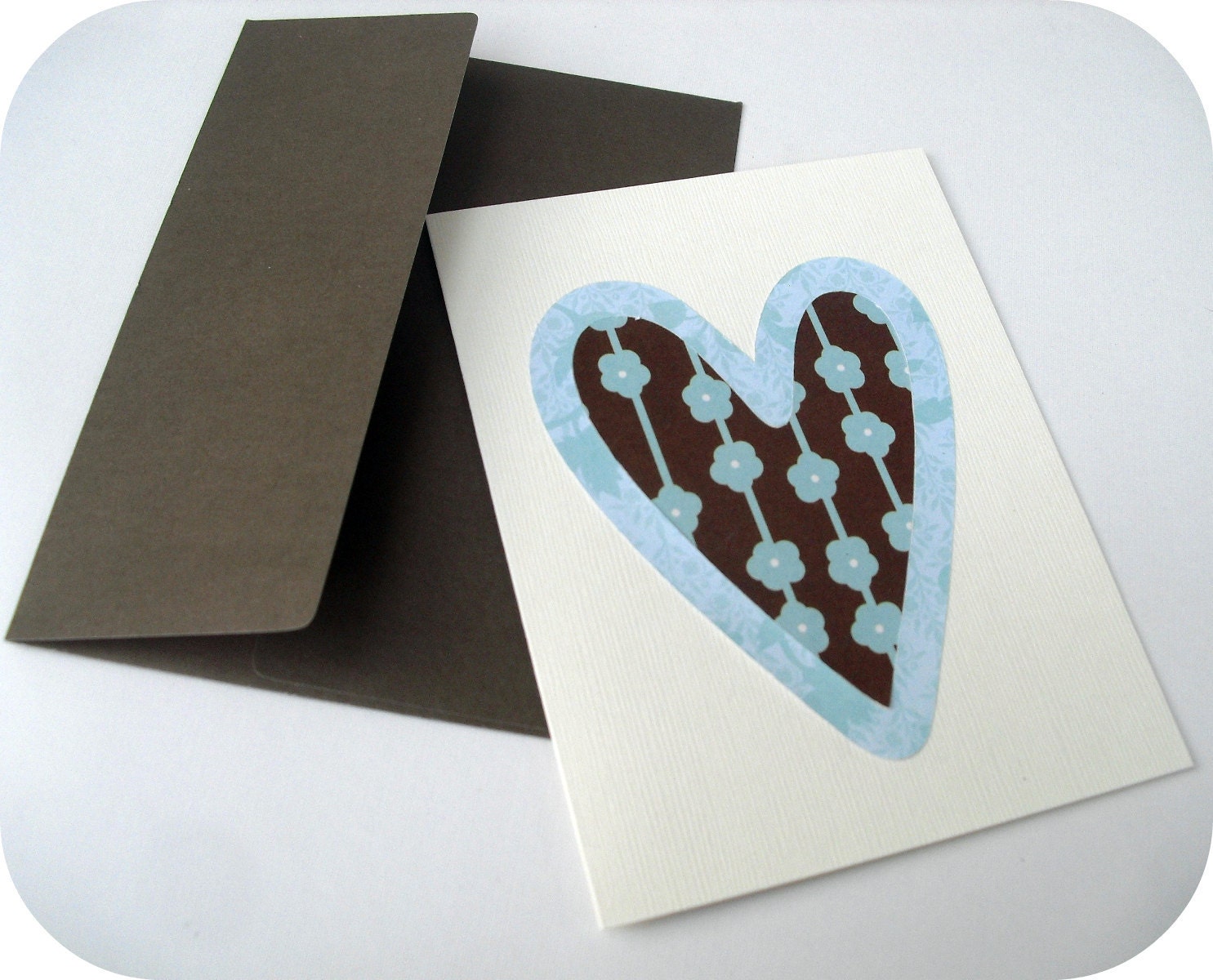 Light blue and Brown Heart Notecard --  Blank Inside A2