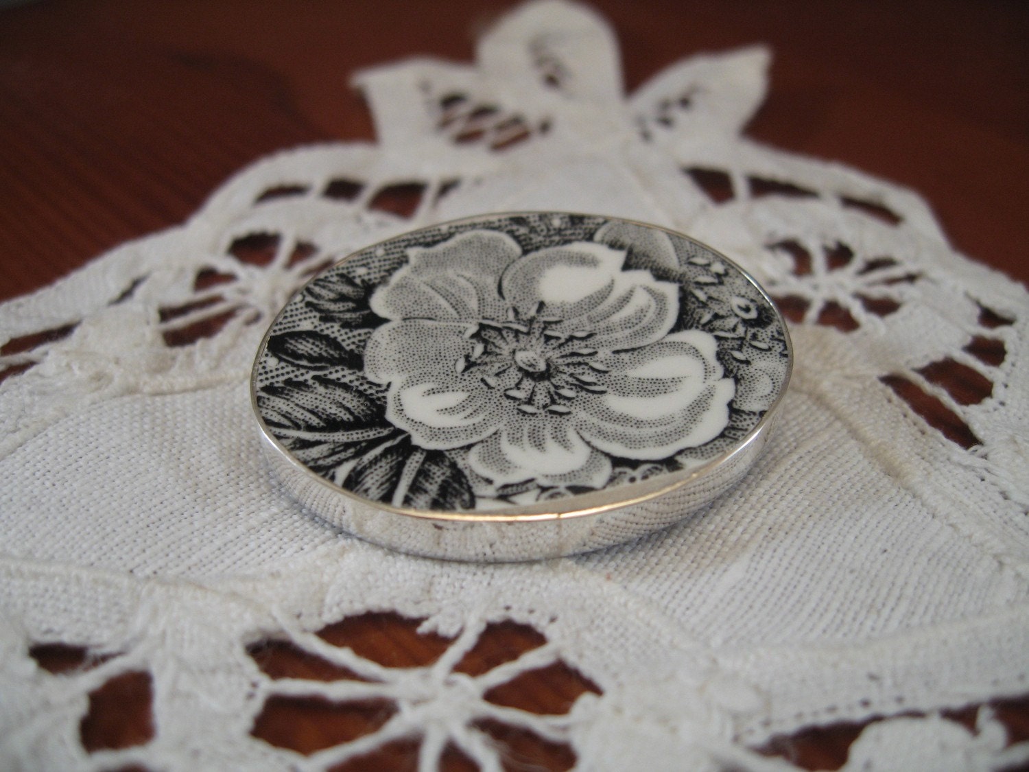 Black and White Broken China and Sterling Pin - Shabby Chic