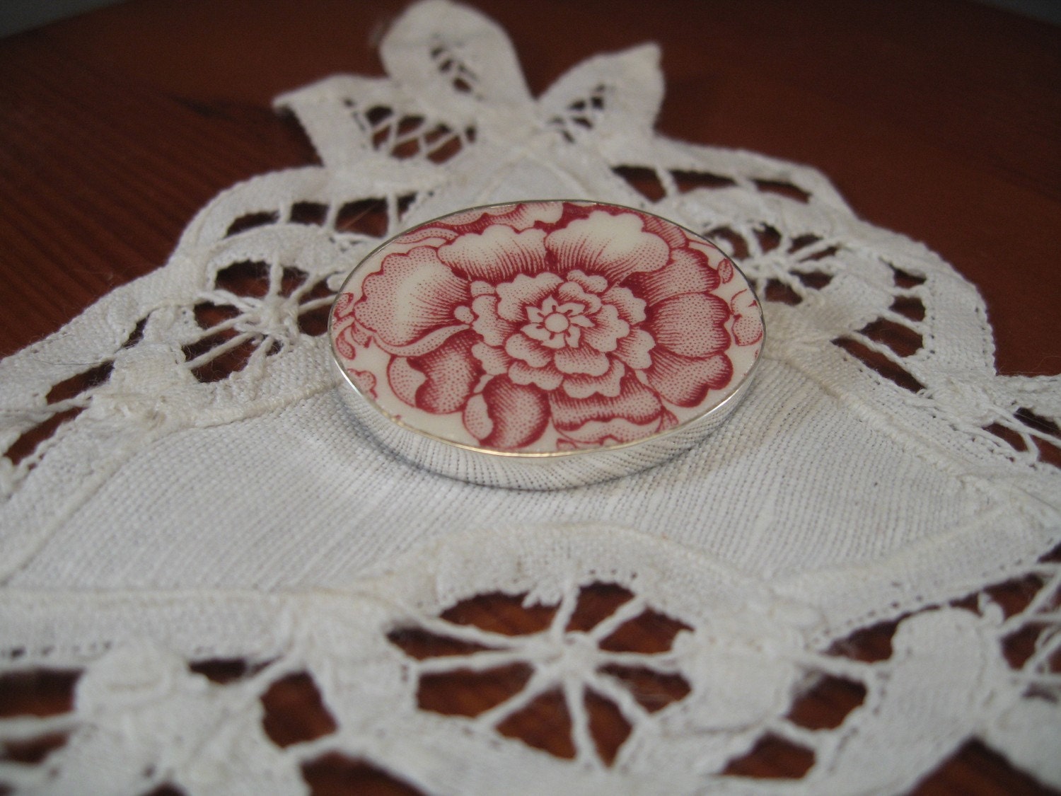 Red and White Broken China and Sterling Pin - Shabby Chic
