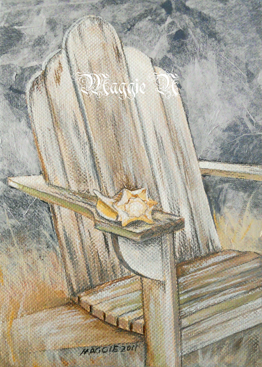 Beach Chair and Seashell - Original Mixed Media Art - Conch Shell - Shabby Adirondack Chair