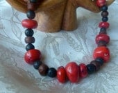 Chunky Red Coral, Lava Rock and Bodhi Seed Necklace - StoneSongNecklaces
