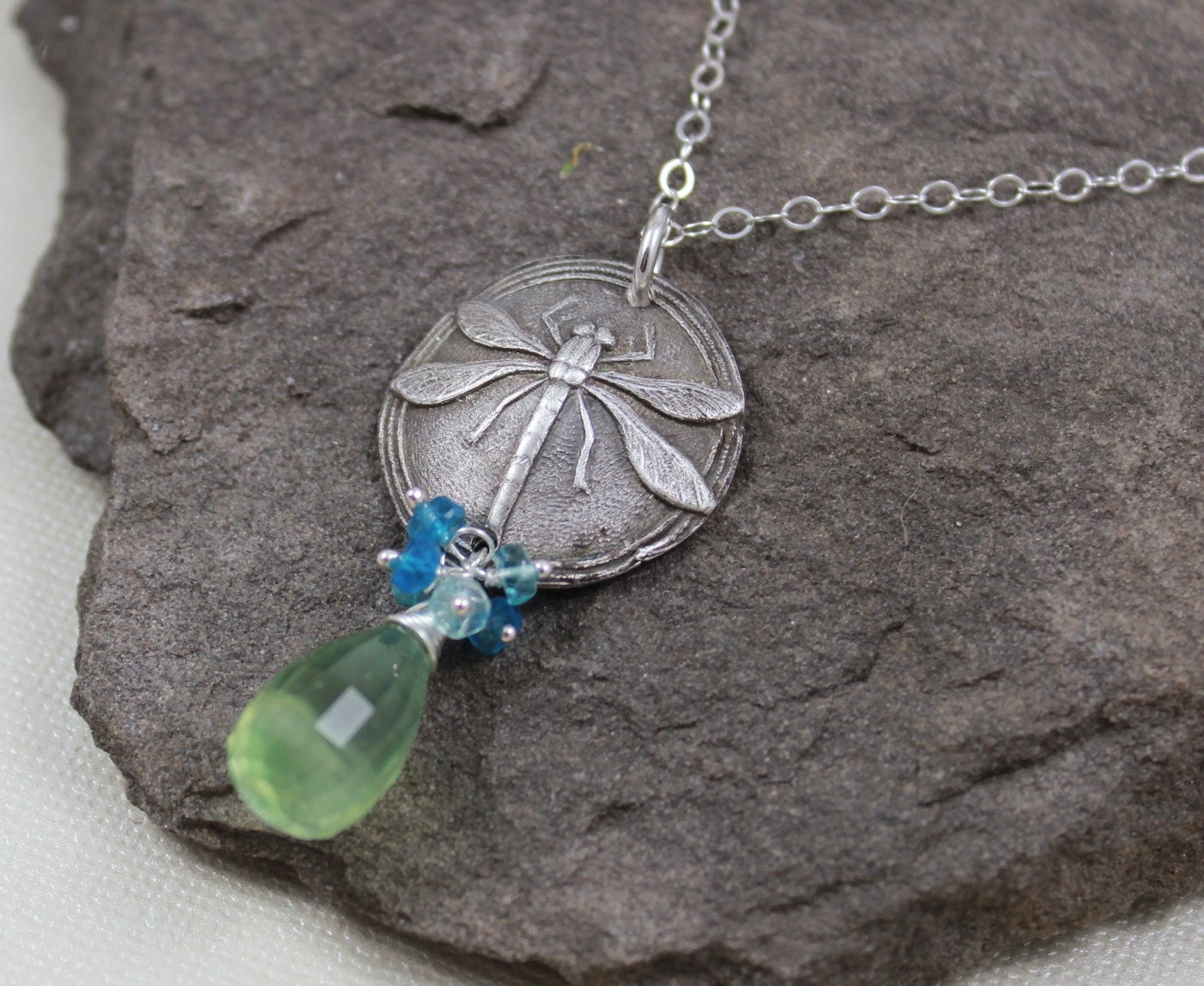 Dragonfly Necklace- Prehnite,Apatite Gemstones