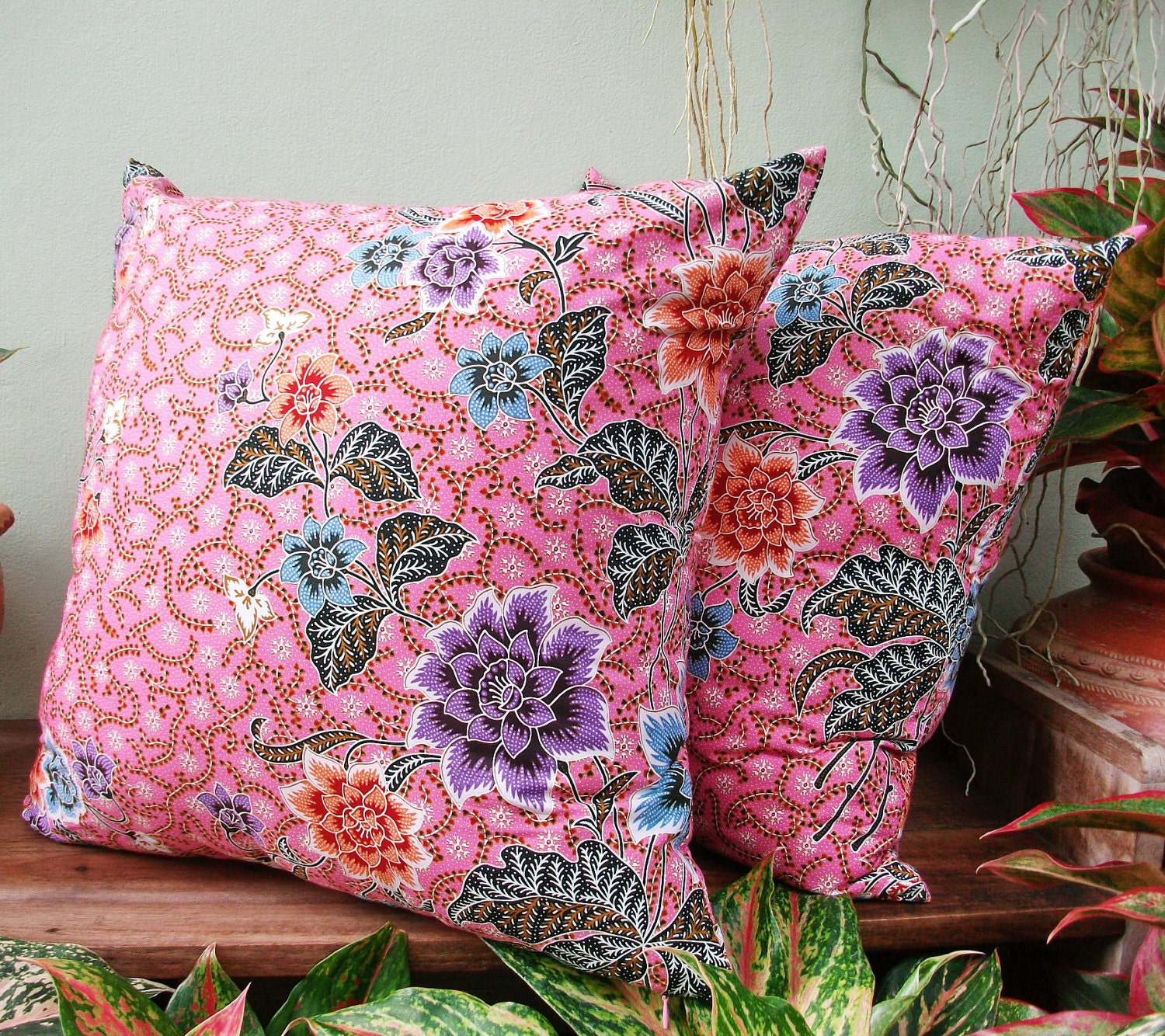 Pink Floral Authentic Javanese Batik sofa Throw decorative pillow cushion covers 18 inches