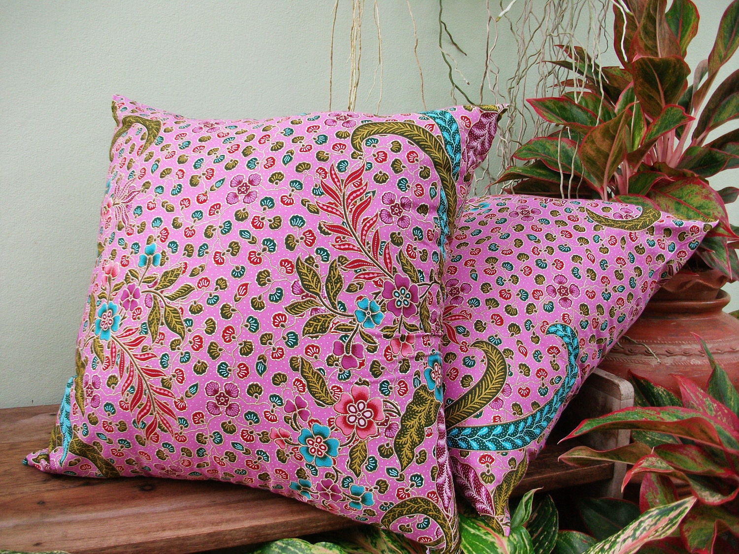 Violet  Floral Authentic Javanese Batik sofa Throw decorative pillow cushion covers 18 inches