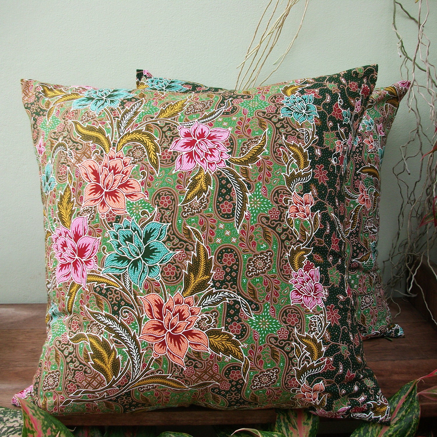 Green Floral Authentic Javanese Batik sofa Throw decorative pillow cushion covers 18 inches