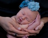 Shabby Chic TEAL Blue Chiffon and Pearl Puffs on Dark Blue Stretch Headband Infants, Babies or Adults