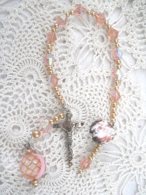 Pretty in Pink Rosary Pocket Prayers One Decade Chaplet Pink Vintage Beads and Cross Free Shipping US and Canada