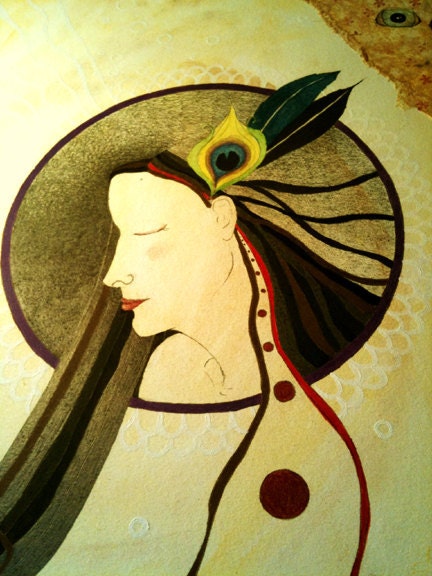 Goddess Art, Peacock feather in her hair, "Subtlety", the original painting by Lea Keohane