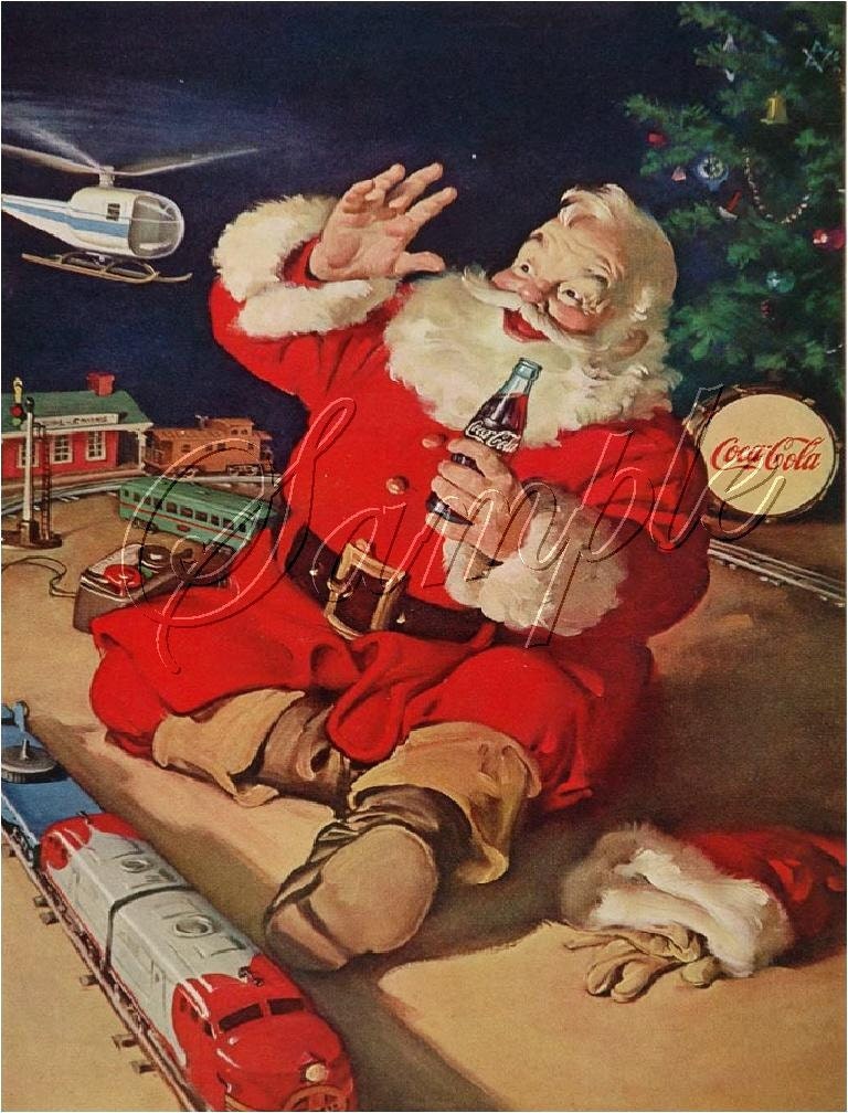 vintage, SANTA, COKE, TRAINS, christmas, electric trains, holiday, red, cola, canvas art, print, luvthiscanvasart on etsy, Large size