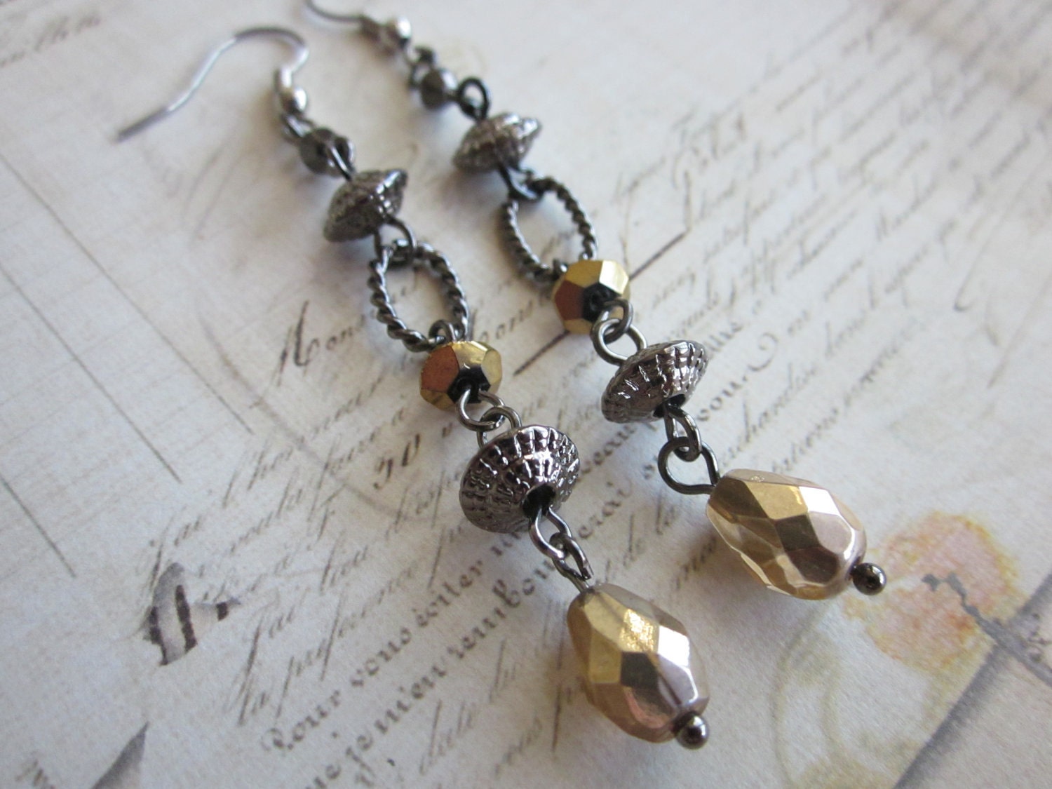 Long Dangly Earrings, Gunmetal, Gold Crystal, Sale