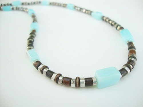 Brown Bone, Silver Metal and Peruvian Blue Opal Unisex Gemstone Necklace FREE Shipping