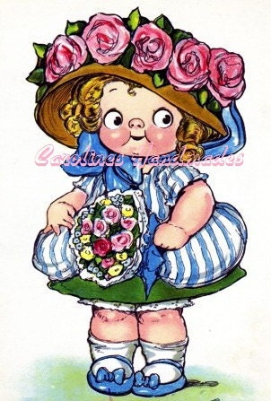 Roses Hat Cutsey Girl Reproduction Cotton Fabric Art Print 3.25X5" Applique