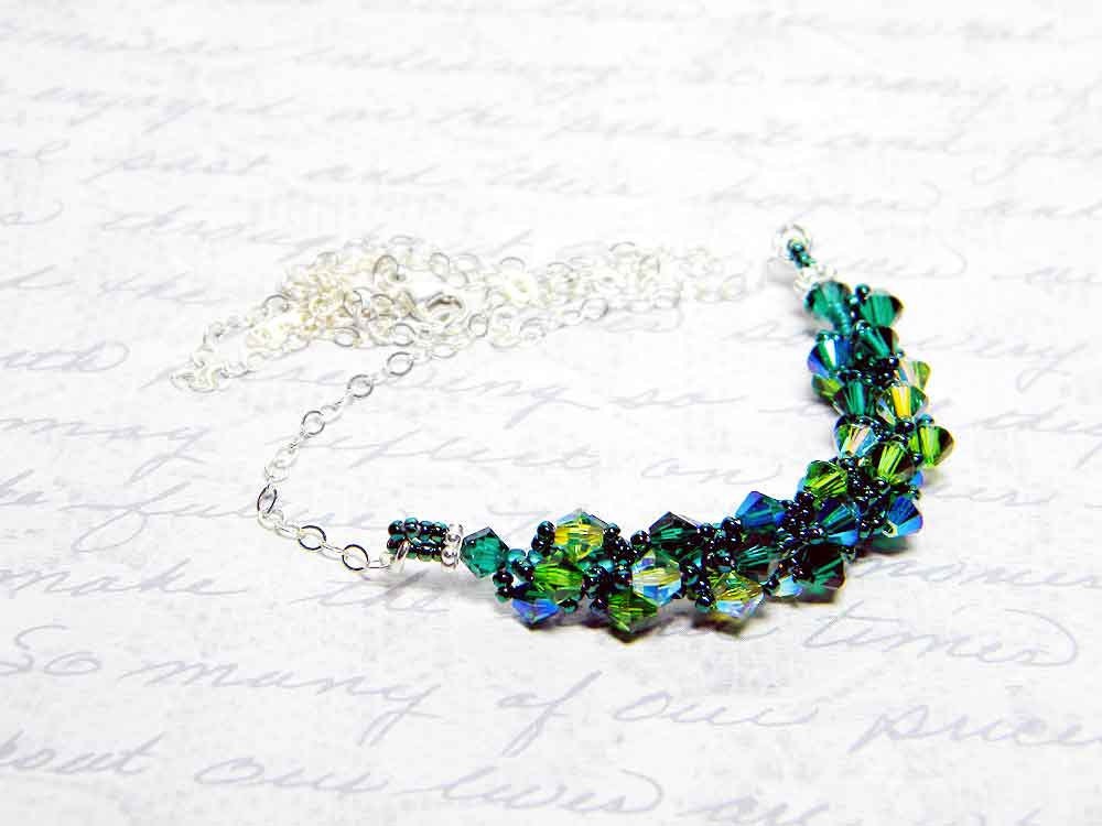 Absinthe Green Swarovski Crystal Necklace Emerald Fern Green Peridot 2X AB Beadweaving Sterling Silver - "The Green Fairy"