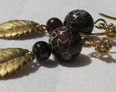 Red Garnet, Gold Leaf Earrings with Vintage Cloisonne