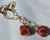 Red Dangle Earrings - Fossilized Coral squares on chain