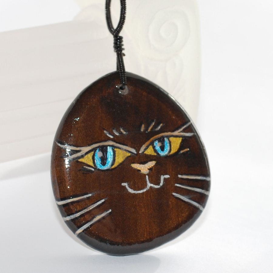Hand Painted Blue Eyes Cat Pendant Necklace  -  Pet Lovers  Wearable Art
