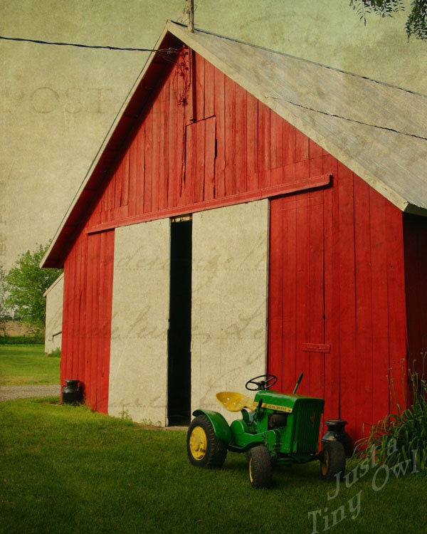 Midwestern Red Barn with John Deere in Front 8x10 Metallic Print