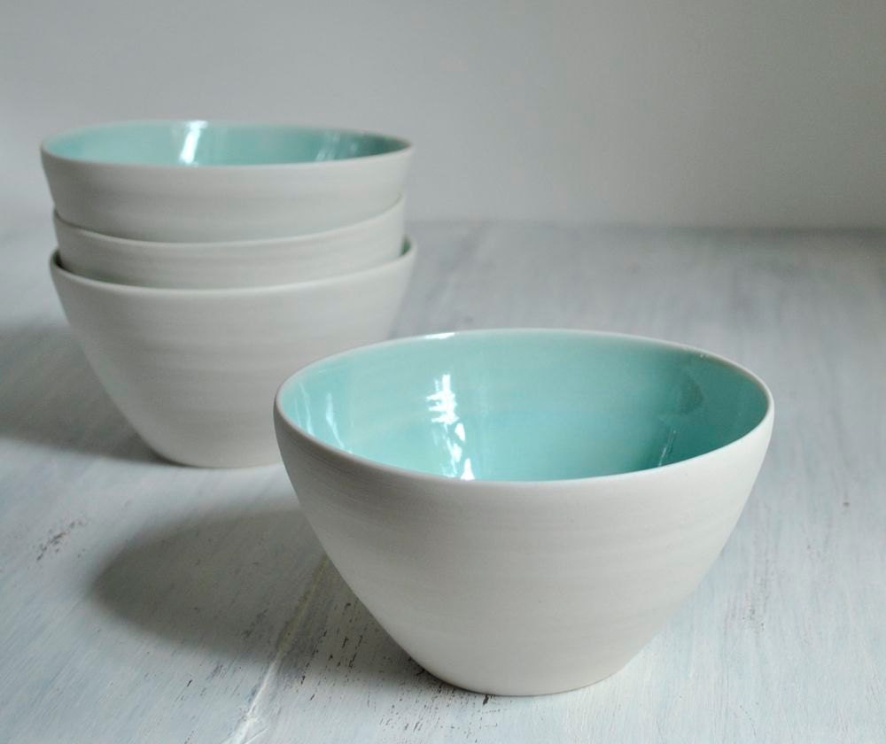 Pottery Bowls Aqua and White Porcelain Bowl Set of Four