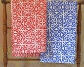 Moroccan Tile Tea Towel on Organic Cotton, Blue or Red