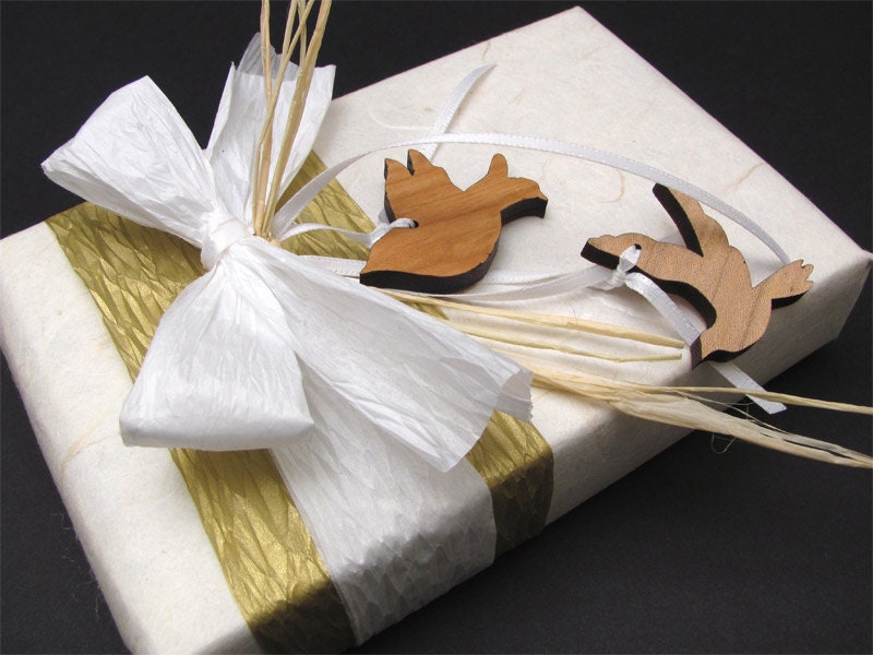 Wedding White . Eco Friendly Gift Wrapping with Wedding Dove Charms - Timber Green Woods . tagt team