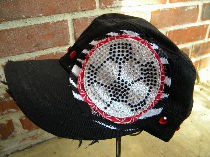 Destressed Military Cadet Cap in Black with Rhinestone Soccer Ball with Red and Zebra