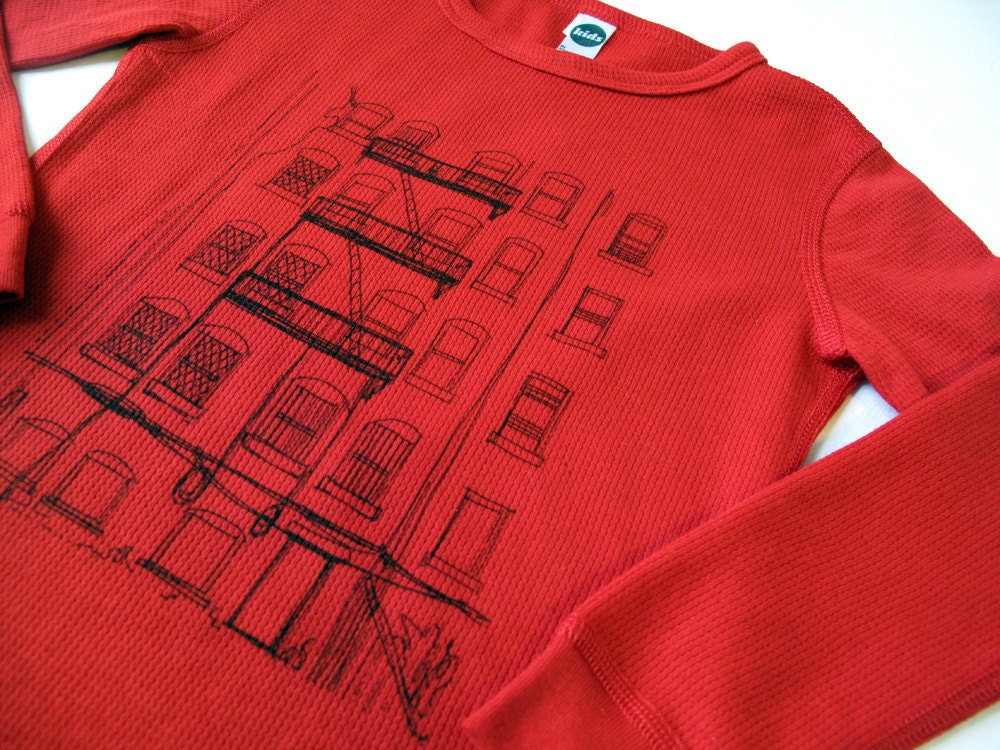 Brooklyn Alley Toddler Tshirt, Hand-Printed Lithograph, Rockstar Red, Long Sleeve, 4T