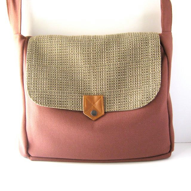 SALE - Brown Tweed Canvas and Mauve Wool Utility Messenger Bag - Ready to Ship