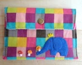 Mini Clutch wallet/ iPhone padded sleeves/ lovely navy blue King elephant playing with 3 cutie mushroom