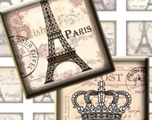 Fleur Paris ivory Eiffel tower Shabby Crown II. 1x1 inch square tiles. Digital Collage Image sheet for scrabble tiles, resin pendants. 309