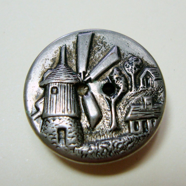 Stamped Metal Button, Picture Button, Windmill, Vintage Button, OCa82