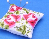 Emery Pincushion  / Pin Cushion - Vintage Handkerchief - Red Pink Roses