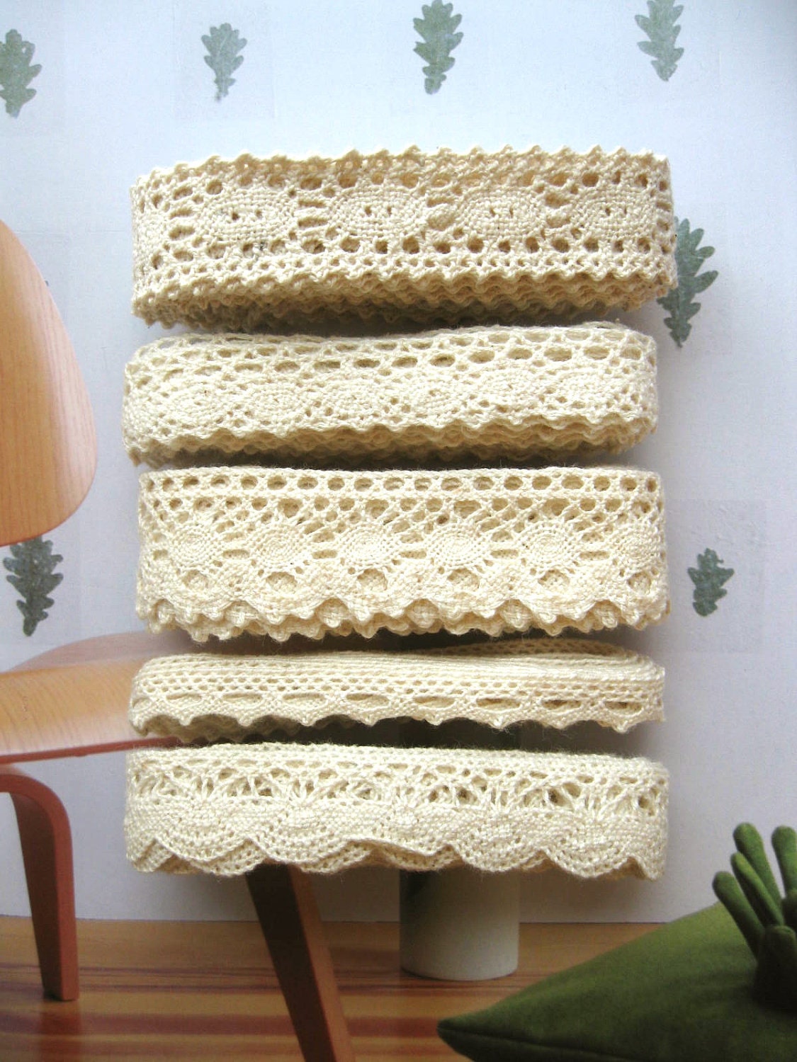 Cotton Lace Fabric Trim - Beige Cream Floral Crochet Scallop Cotton Lace Ribbon Trim Set 5 Designs Set 10 Meters