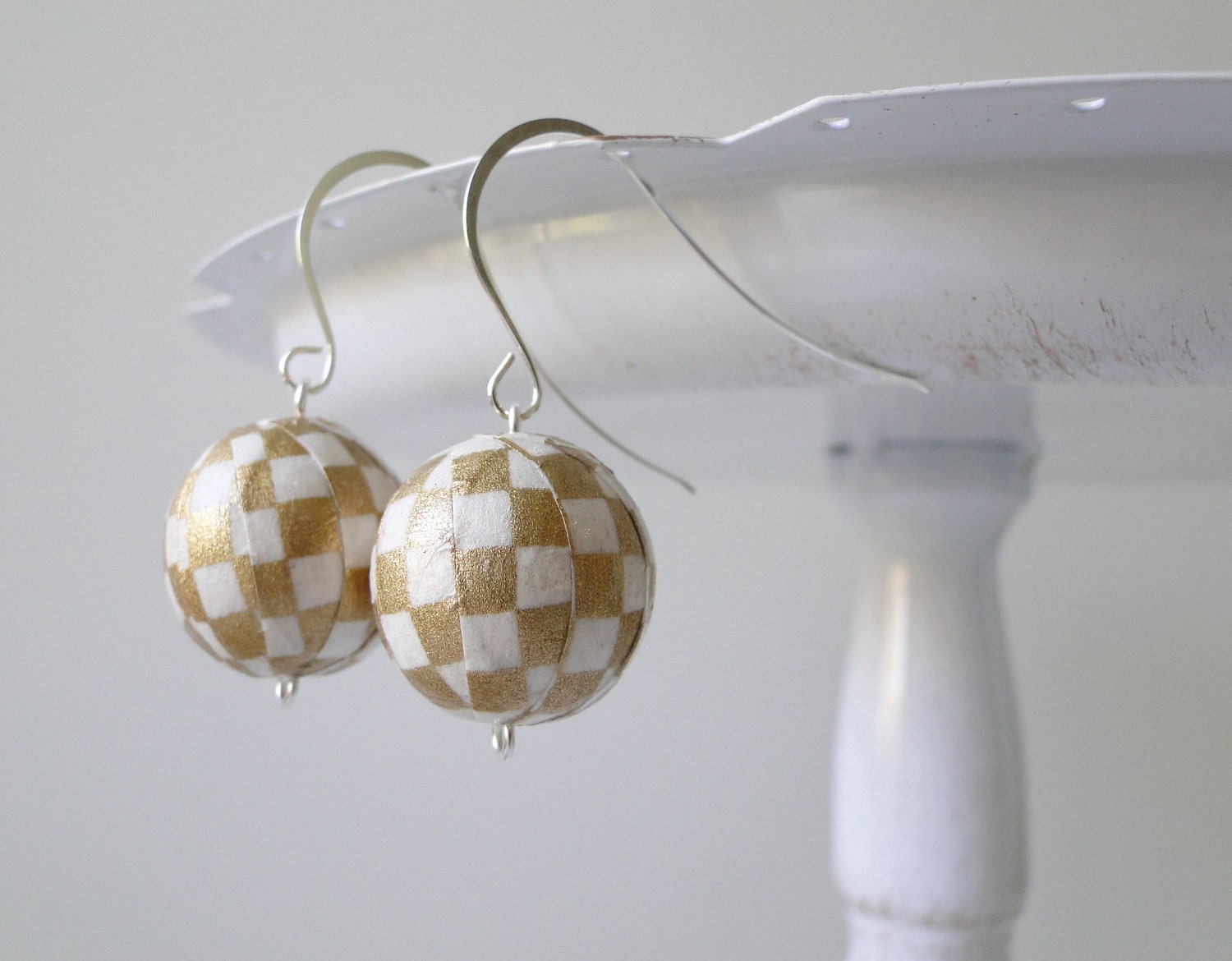 Checkered Chiyogami White and Gold earrings Silver Long Hooks