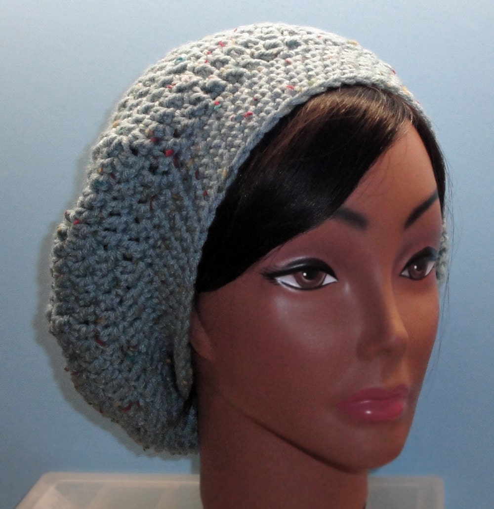 Slouchy Beret Hat - Sea Blue Tweed - Hand Crocheted - Ready to Ship