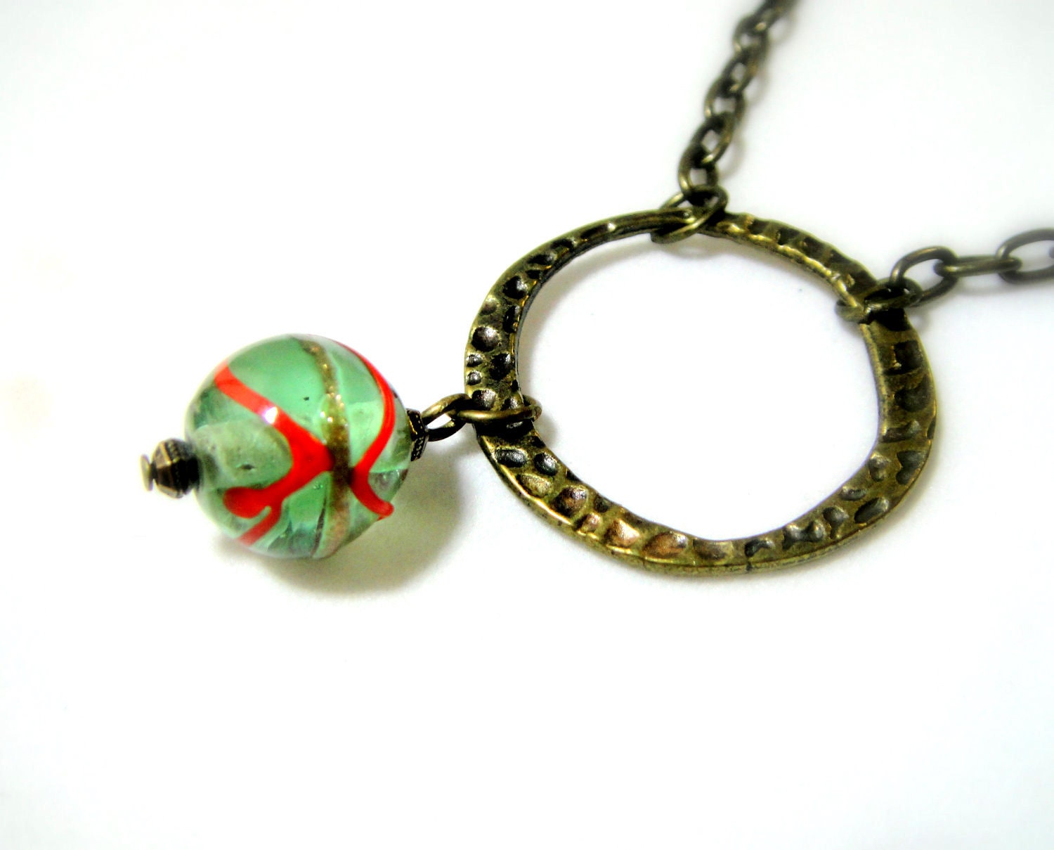 Green Brass Necklace, Green And Orange Lampwork Glass with Antique Brass Hoop Necklace - Christmas Jewelry