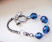 Blue Bee Bracelet - Black and Gray Chain, Silver Bee Charm, Blue Glass Bracelet - Black Friday, Cyber Monday